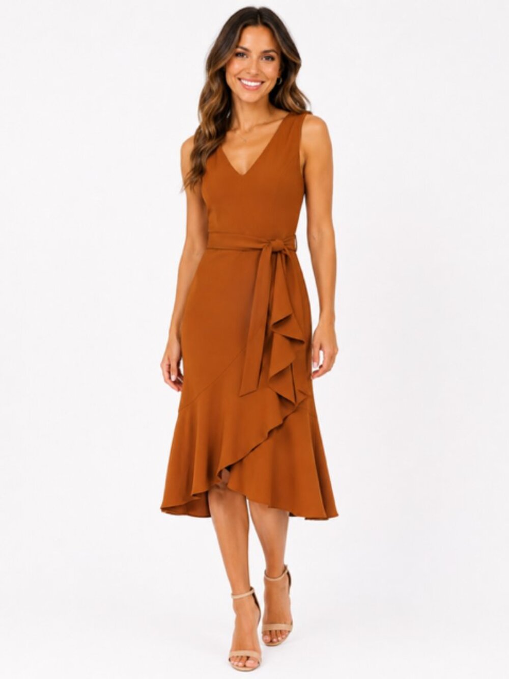 Calvin Klein Sz 6 Rust Orange Belted Midi Dress Sleeveless Ruffle Hem Career